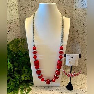 Red & silver tone necklace set